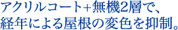 アクリルコート+無機2層で、経年による屋根の変色を抑制。